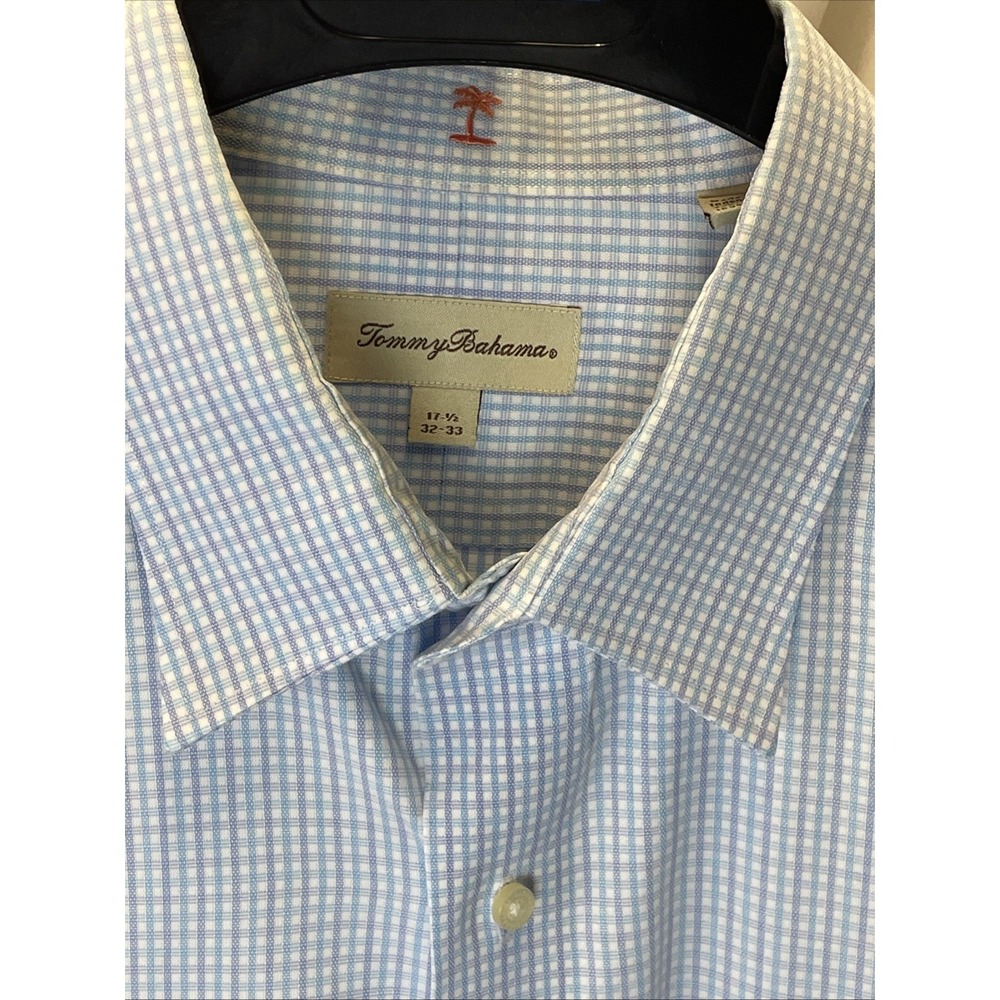 Tommy Bahama Mens 17.5 32 /33 Blue Check 100% Cotton LS Button Up Shirt Classic - Picture 2 of 16
